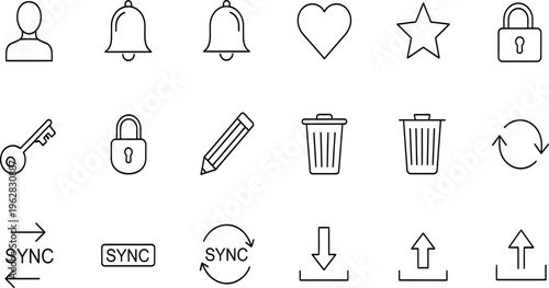 Collection of various icons including symbols for user bell heart star lock key sync and more