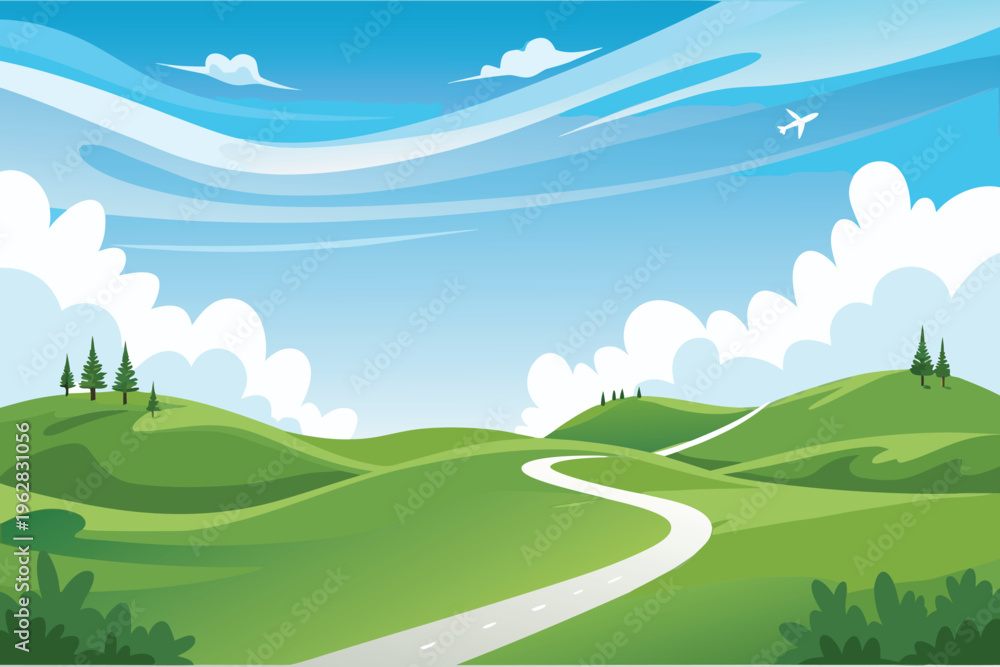 Obraz premium A scenic view of rolling green hills with a winding road and blue sky