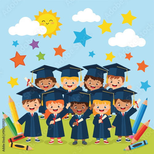 Group of children in graduation gowns, surrounded by stars and sun