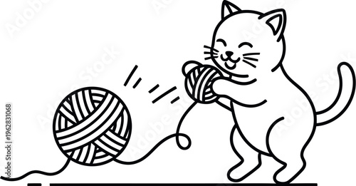 A delightful line art illustration featuring a happy cartoon cat joyfully playing with a large ball of yarn, depicting playful pet behavior in a charming and minimalist design.