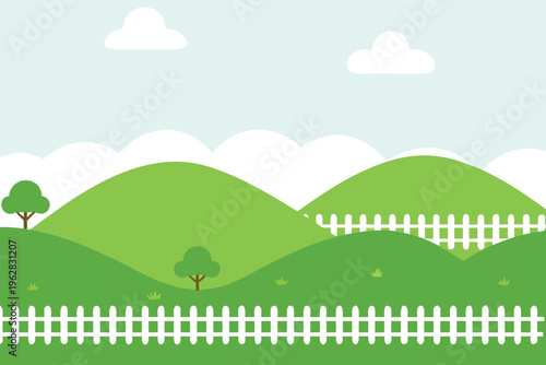 A simple landscape with green hills trees and a white picket fence