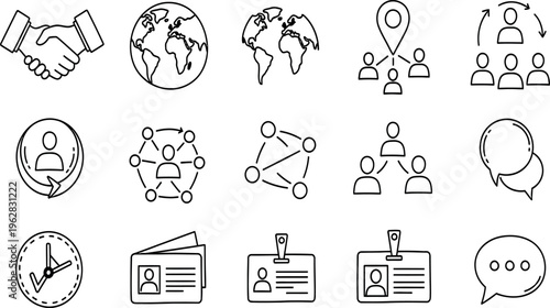 A collection of 14 line drawings representing business and social network concepts
