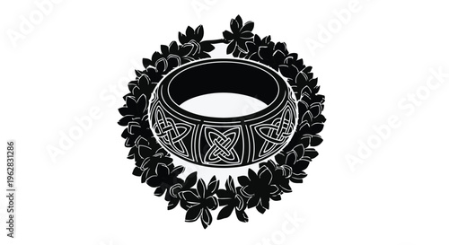 Ring featuring an intricate Celtic knotwork design sits gracefully centered within a decorative circular wreath of stylized leaves, creating a sophisticated emblem of timeless eternal love.