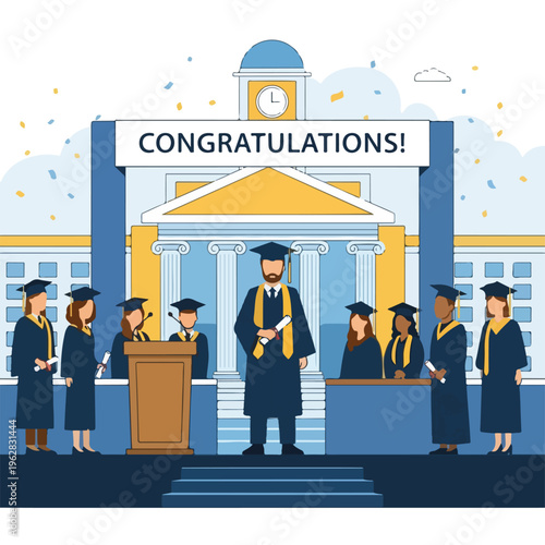 Illustration of a graduation ceremony with graduates and a speaker