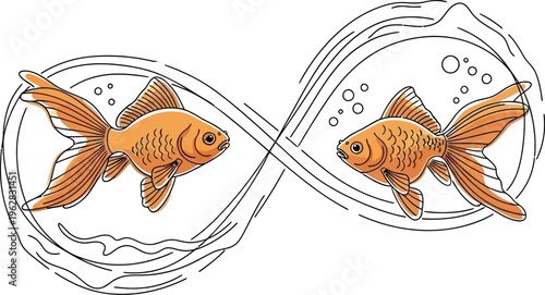 Two graceful orange goldfish swim endlessly within a unique infinity symbol water design, representing eternal connection, harmony, and balance in a minimalist illustration.
