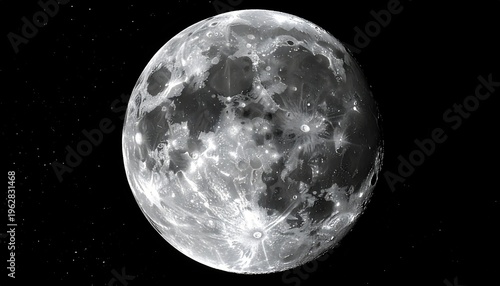 A high-contrast, black and white image of the moon with crater detail