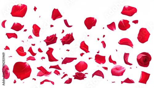 Red rose petals and roses scattered against a clean white backdrop