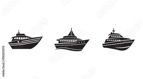 Set of cruise ship icons in black silhouette on white background for travel and transportation design elements  ships are shown in different views and designs