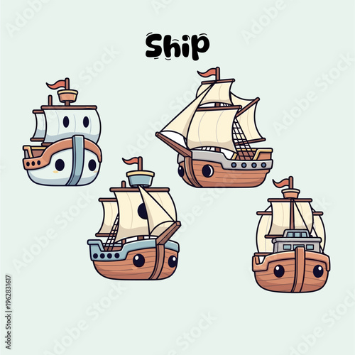 cute sailing ship mascot four images blue red white