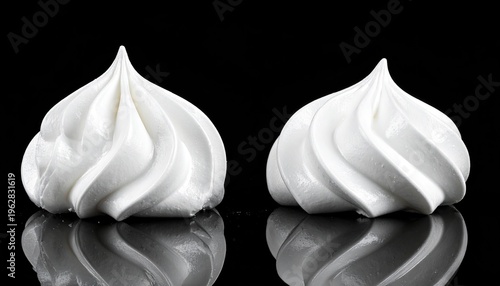 Two elegant, white, swirled meringues rest against a stark black backdrop