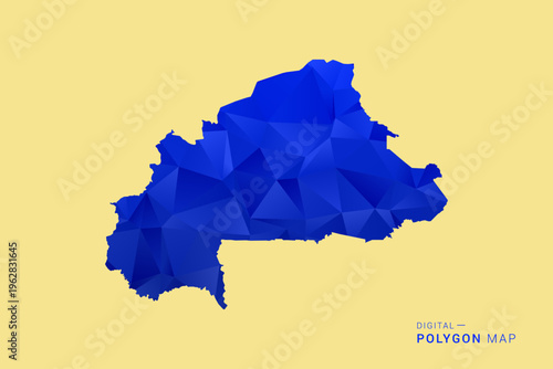 Burkina Faso Map - Low poly polygon map in deep blue gradient on soft beige background, modern minimal geometric design, clean abstract vector illustration with faceted triangulated style.