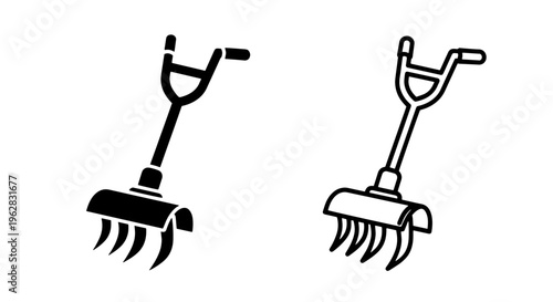 Tiller tool icon: black silhouette and outline for garden and farm work