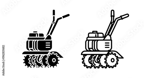 Tiller machine icon: black and white silhouette and outline for gardening and agriculture