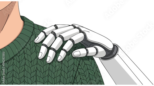 Robot Hand Comforting Human Shoulder, AI Companion Support, Future Technology Partnership