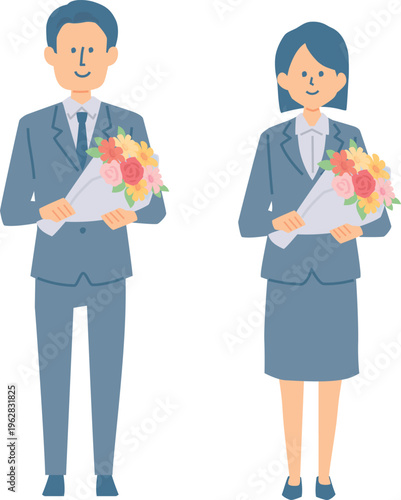 花束を持ったスーツ姿の人物の全身イラスト