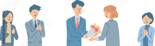 花束を渡して祝う社員たちの上半身イラスト