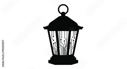 Lantern icon integrates modern digital circuit board patterns into its traditional silhouette to represent the fusion of vintage home lighting hardware with smart home technological innovation.
