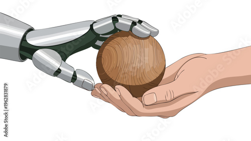 Robot Hand Giving Wooden Ball to Human Hand, AI Future Concept
