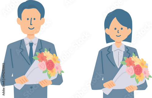 花束を持ったスーツ姿の人物の上半身イラスト