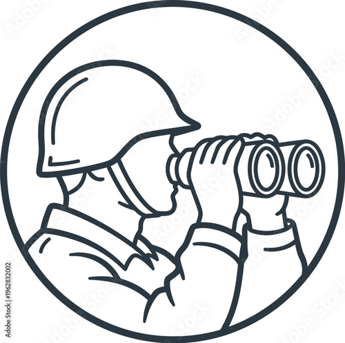Minimalist outline icon depicting a soldier wearing a helmet and looking through binoculars searching for distant objects or targets.