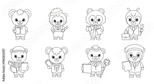 Cute cartoon bears in various professions and outfits holding objects black and white line art