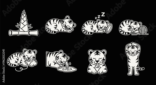 Tiger illustrations in various playful and resting poses on black background