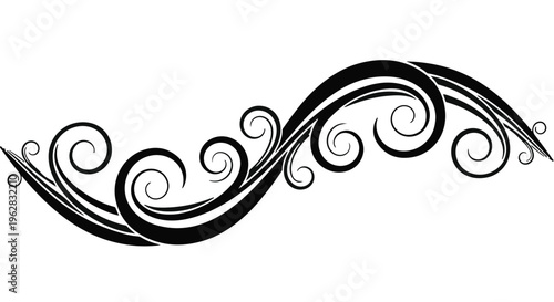 Scrollwork ornament displays elegant black flourishes with flowing organic lines that provide a sophisticated decorative accent for classic invitation cards or vintage style graphic projects.