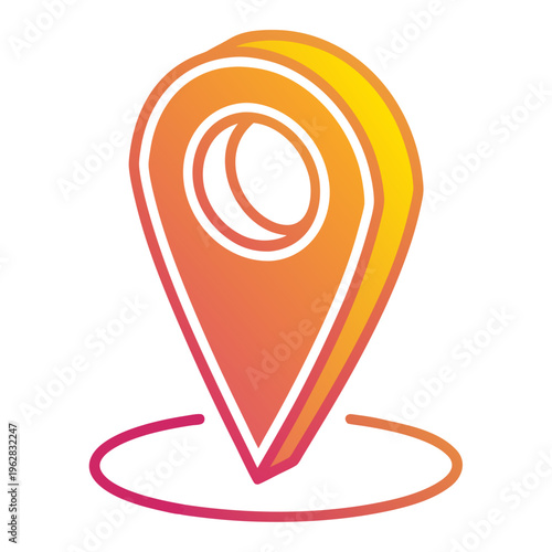 Isometric map pointer icon with colorful orange gradient and circle base for location identification and geographic navigation services flat design