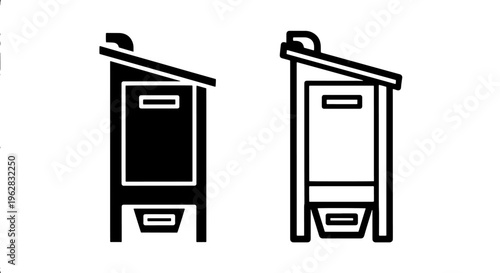 Outhouse icon set: silhouette and line art for public facilities and outdoor restrooms
