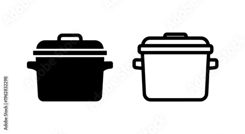 Cooking pot icon set: stew pot silhouette and line art for food and kitchenware with kitchen icon