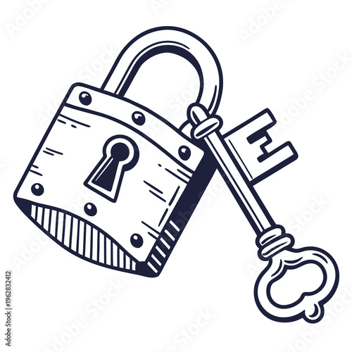 Vintage metal padlock with ornate antique key hand drawn vector illustration in woodcut style isolated on white background for security concept art