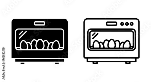 Egg incubator icon set - hatching eggs, farming, biology, technology