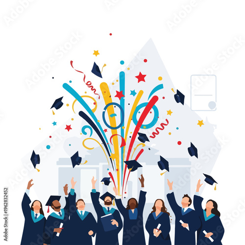 Illustration of a graduation ceremony with mortarboards and celebratory elements