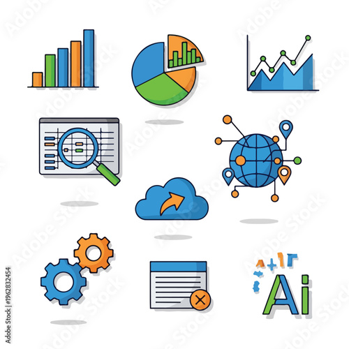 Colorful, stylized icons representing data analysis, technology, and global connectivity
