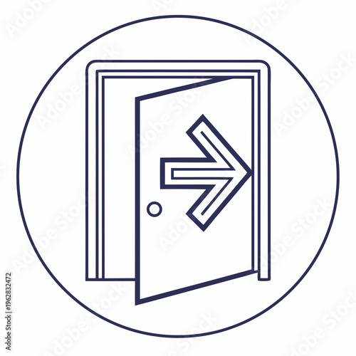 Door open with right arrow symbol in circle for entering or exit direction outline illustration