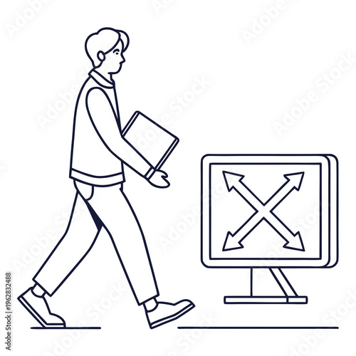 Man carrying folder walking past computer screen displaying four arrows expand collapse icon
