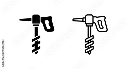 Rotary hammer drill icon - power tool for construction, solid and outline