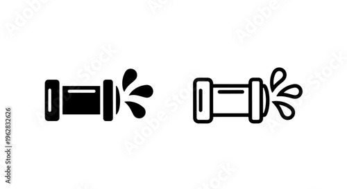 Damaged pipe section with splashing water icon, solid and outline