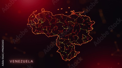 A dynamic motion video showcasing the Venezuela country border through a colorful plexus reveal. Glowing red and orange dots represent high-tech data communication and global digital networks.