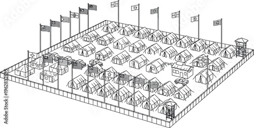 Illustration depicts a densely packed military or refugee camp enclosure featuring numerous identical tents and multiple international flags flying high.