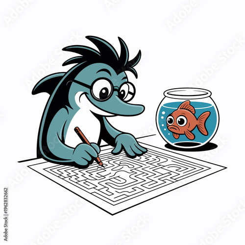 Smart dolphin character wearing glasses solving a paper maze puzzle next to a small orange goldfish in a glass bowl illustration on a clean white background for kids