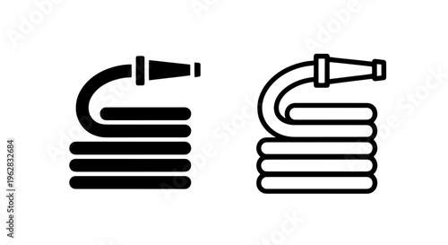 Garden hose and sprinkler head icons in black and white, vector set