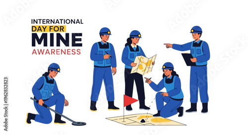 Illustration of people in blue uniforms for International Day for Mine Awareness with a map and mine risk education concept.