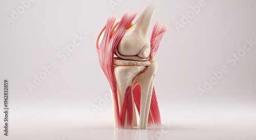 Detailed anatomical illustration of human knee joint with muscles and ligaments