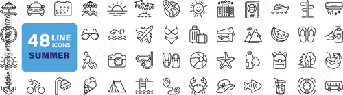 Summer Line Icons Set – 48 Beach, Vacation, Travel & Holiday Outline Icons Collection (Editable Stroke)