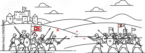 An engaging illustration capturing an epic medieval battle between two opposing armies of armored soldiers fighting with spears and swords near a fortified castle.