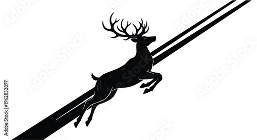 Deer silhouette leaping gracefully across a diagonal line represents nature and wildlife movement in a minimalist artistic style suitable for creative graphic design and branding projects.