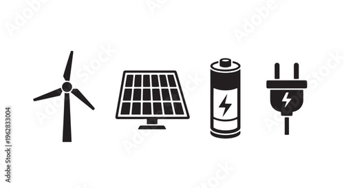 Renewable Energy Icon Set with Wind Turbine, Solar Panel, Battery, and Electric Plug in One Row, Minimal Black Silhouettes