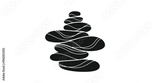Stones stacked in a balanced tower represent tranquility, peace, and mindfulness, providing a visual meditation aid that symbolizes stability and inner calm in a simple, elegant black graphic form.