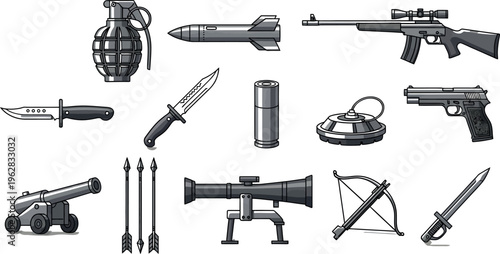 Stylized grey military weapons and combat equipment including modern firearms, bladed weapons, explosives, and historical artillery, presented as a comprehensive arsenal.